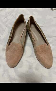 Anaki Paris Beige Suede and Gold Glitter Loafer Flats Size 39